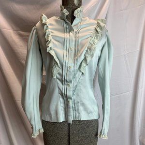 Vintage MJ Concepts in Sportwear Baby Blue Button Down Blouse Size 5 Ruffle Neck